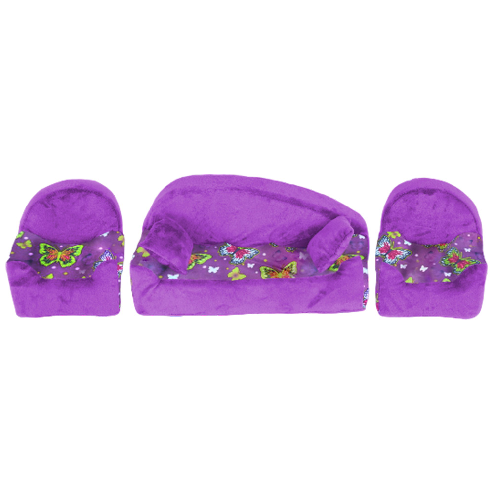 Мебель мягкая Диван+2 кресла+2подушки  "Бабочки на фиолетовом" с фиолетовым плюшем НМ-002/2-34